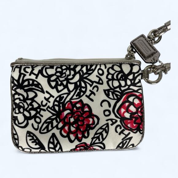 Coach Poppy Graffiti Wristlet Red Flowers On White & Black Print Floral Pattern - Picture 2 of 6